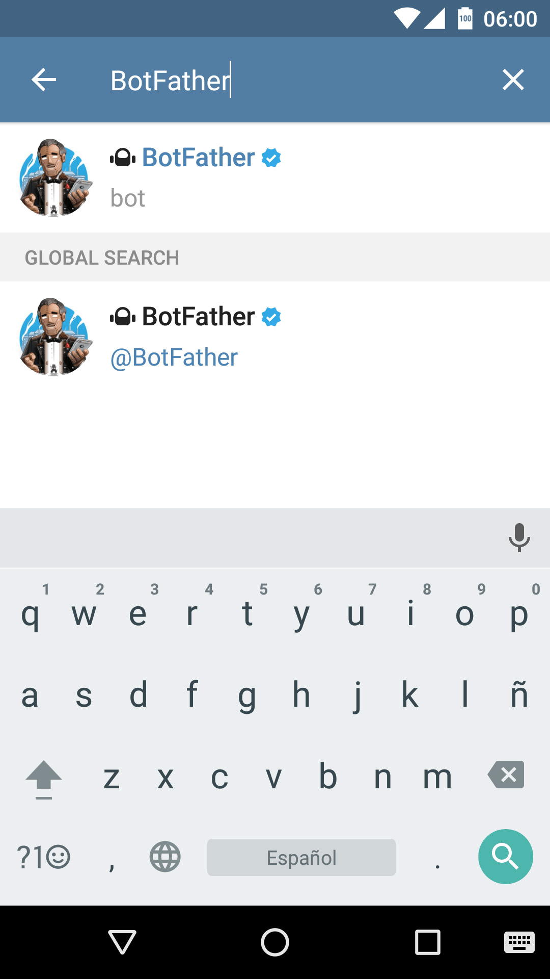 Search for the user BotFather